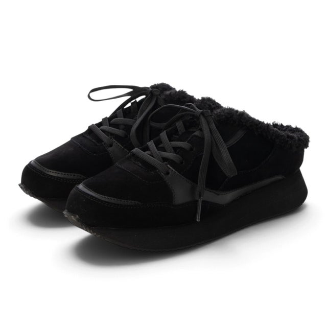 【本革 / 軽量】ボア素材コンビ スニーカーサボ （BLK）