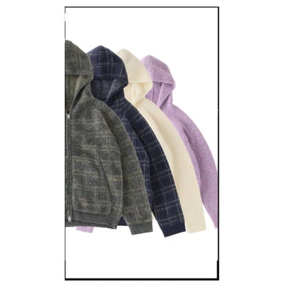 パルプ PULP MOHAIR MIX KNIT ZIPUP HOODIE CHECK（グレーA）｜詳細画像