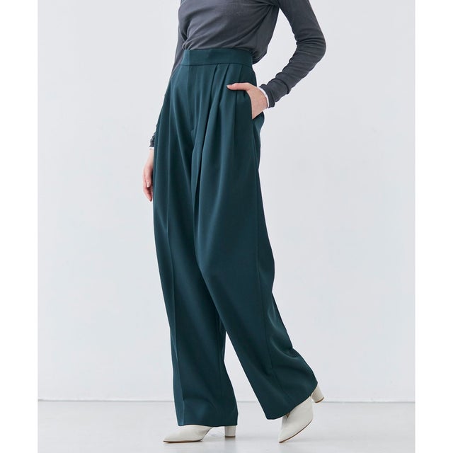 【洗える】STEVIA / ウール混タックワイドパンツ （Green）