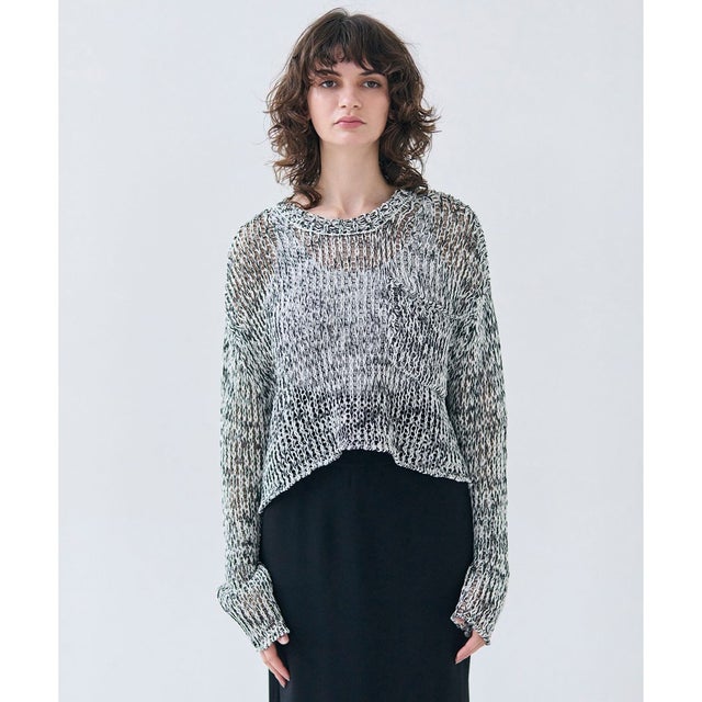 【洗える・STORY 6月号掲載】THYME / クルーネックコットンメッシュニット （Ecru×Black）