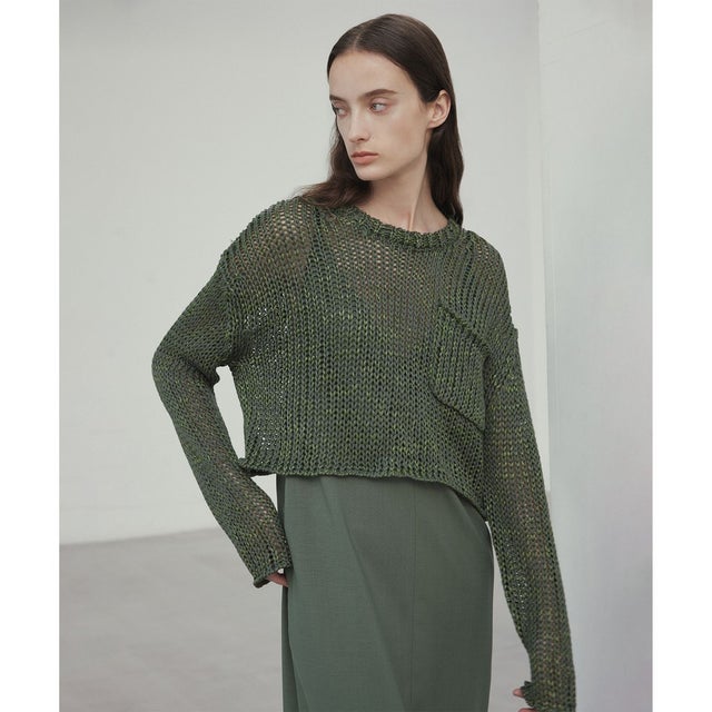 【洗える・STORY 6月号掲載】THYME / クルーネックコットンメッシュニット （Olive）