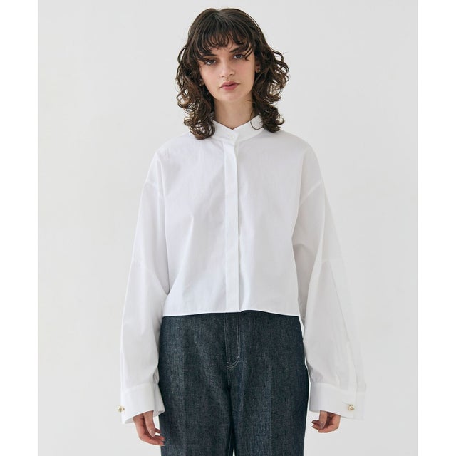 【洗える】MAGNOLIA / ゴールド釦コットンショート丈ブラウス （White）