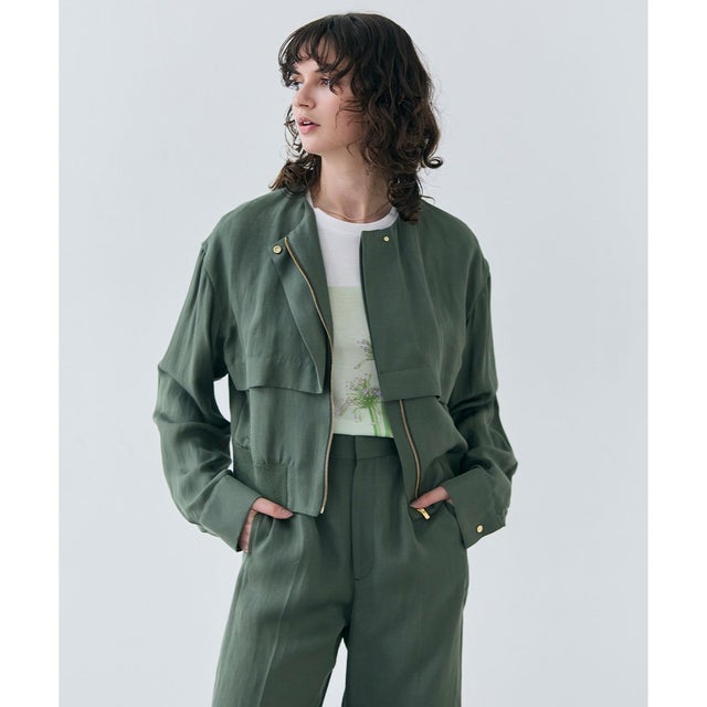 【洗える】BERNARD / リネンノーカラーラップブルゾン （Olive）