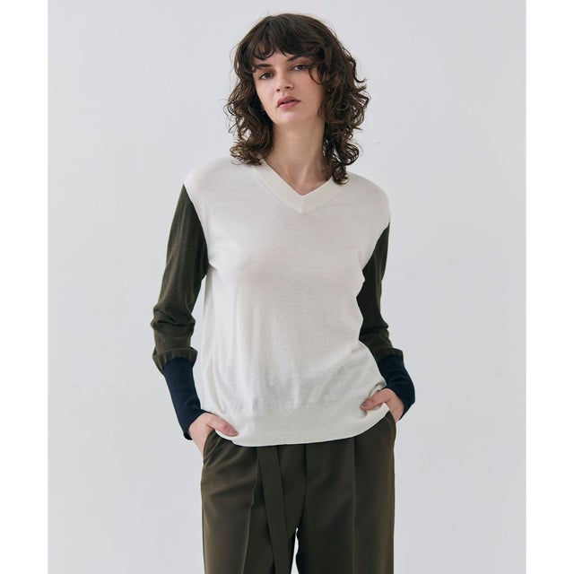 【洗える】BURNET / カラーミックスVネックトップス （Ecru×Khaki×Navy）