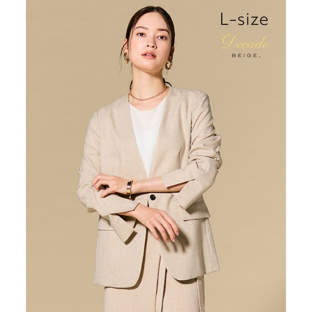 【Lsize・ロングセラー】CAROLE / リネンライクノーカラーハーフ丈ジャケット （Sand）