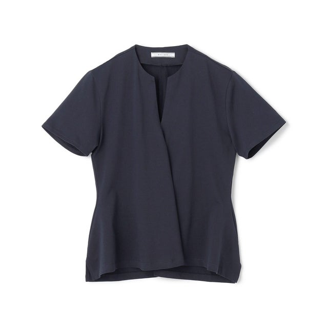 【洗える】STOCK / オーガニックコットン半袖Vスリットトップス （Navy）