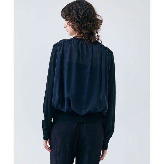 【洗える】NADIA / バックオーガンジークルーネックカーディガン （Navy）