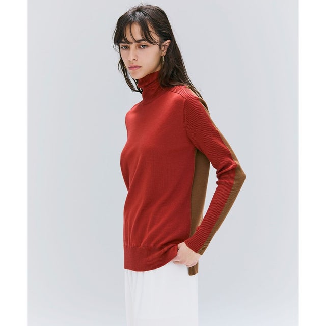 【洗える・VERY NaVY掲載】LA MONNAIE / バイカラーウールタートルニット （OrangeRed × Caramel）