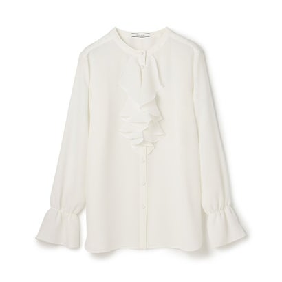 BEIGE, 【WEB限定・洗える】CLARION / バンドカラーフリルブラウス （Navy）｜詳細画像