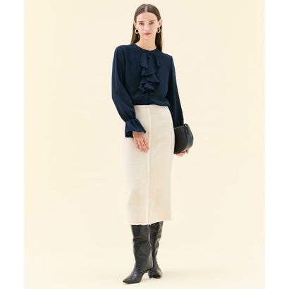 BEIGE, 【WEB限定・洗える】CLARION / バンドカラーフリルブラウス （Navy）｜詳細画像