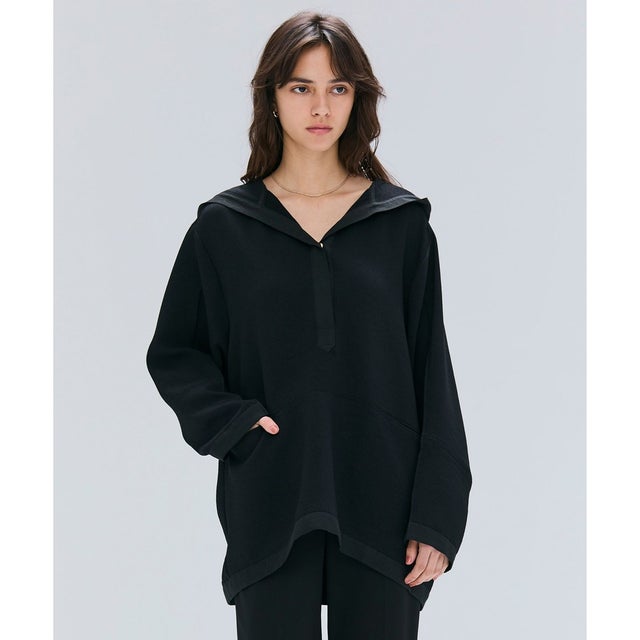 【洗える】POMONA / Vネックフード付プルオーバー （Black）