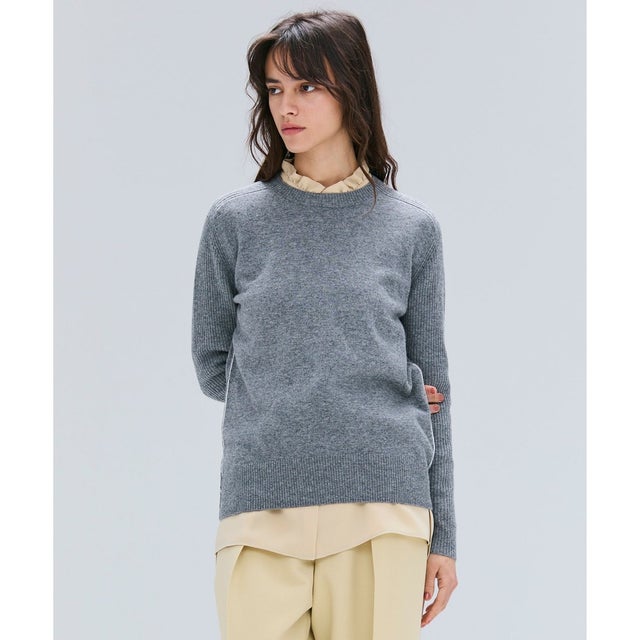 【洗える】POMPE / ウールカシミヤ配色ラインクルーネックニット （Charcoal×Off）