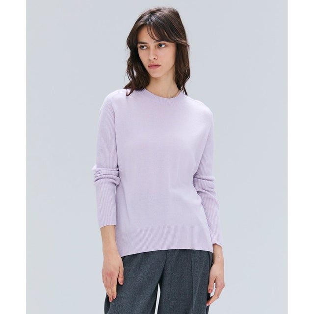 【洗える】POMPE / ウールカシミヤ配色ラインクルーネックニット （Lilac×Taupe）