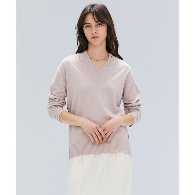 【洗える】POMPE / ウールカシミヤ配色ラインVネックニット （ Taupe×Bordeaux ）
