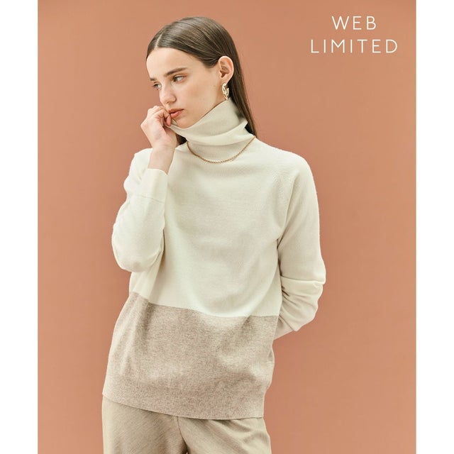 【WEB限定・洗える】DEMING / バイカラーウールタートルネックニット （Off × Taupe）