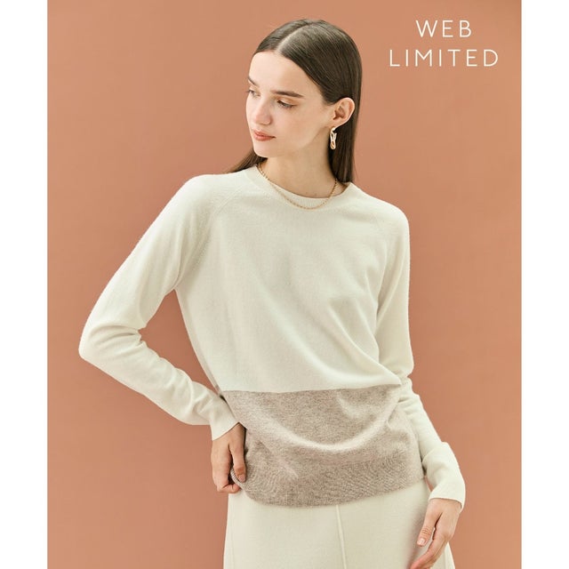 【WEB限定・洗える】DEMING / バイカラーウールクルーネックニット （Off × Taupe）