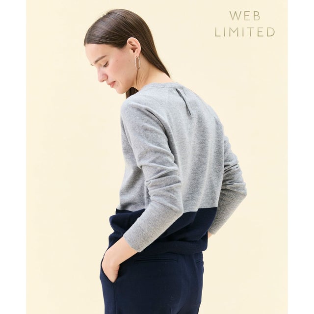 【WEB限定・洗える】DEMING / バイカラーウールクルーネックニット （Lt. Gray × Navy ）