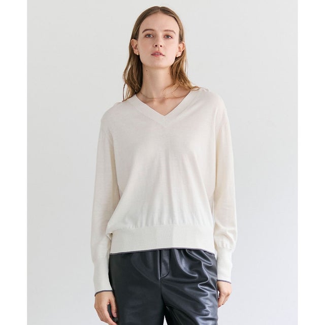CHLOR / ウールシルクツイルドッキングVネックニット （Ecru）