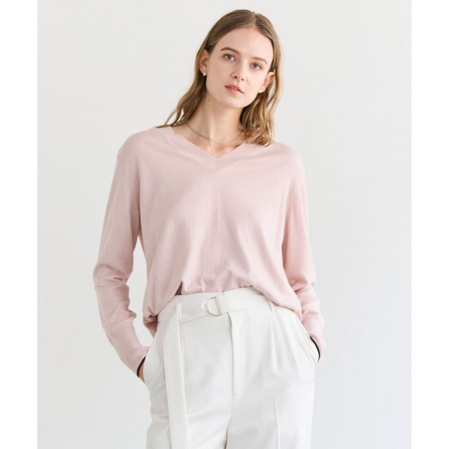CHLOR / ウールシルクツイルドッキングVネックニット （Pink）