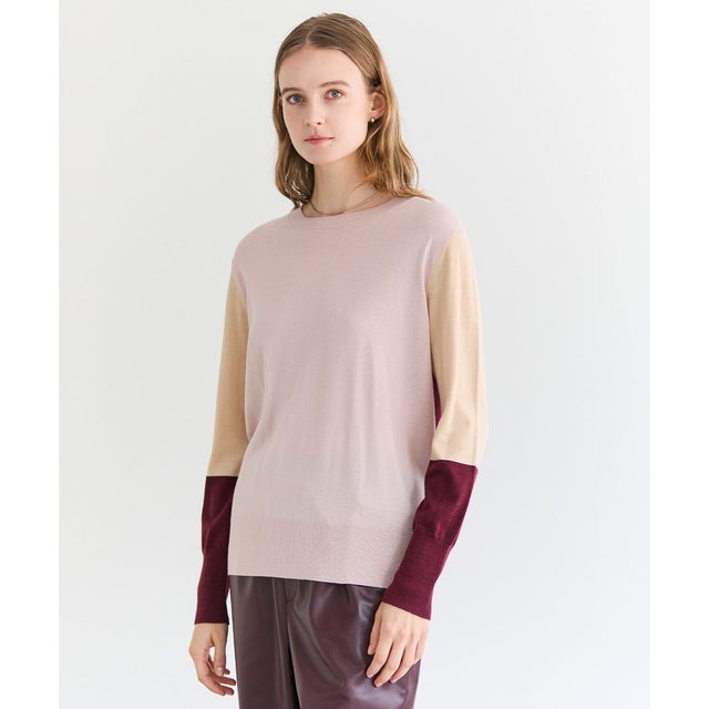 CHLOR / ウールシルク配色クルーネックニット （Pink）