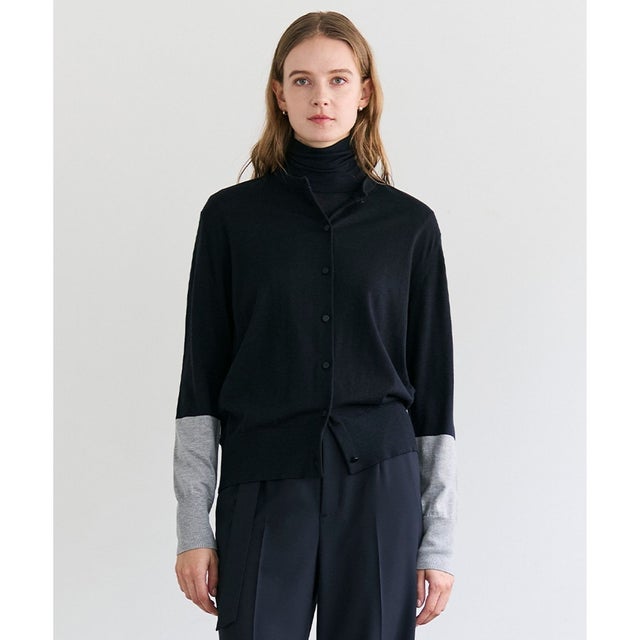 CHLOR / ウールシルク配色クルーネックカーディガン （Navy）