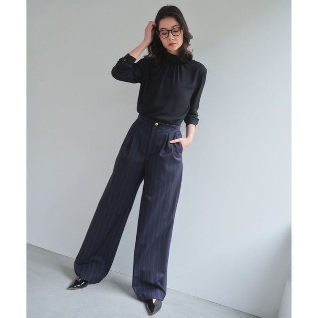 【セットアップ対応】GEORGE / ウールストライプ  ツータックパンツ （Navy Stripes）