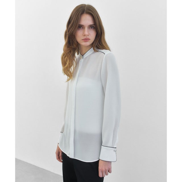 STOW / 配色パイピング バンドカラーシャツ （Off White）