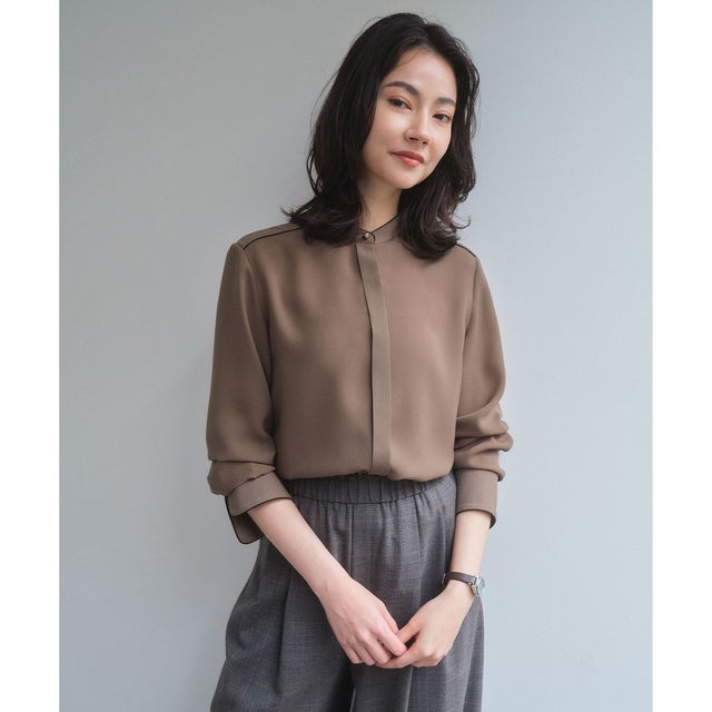 STOW / 配色パイピング バンドカラーシャツ （Khaki）