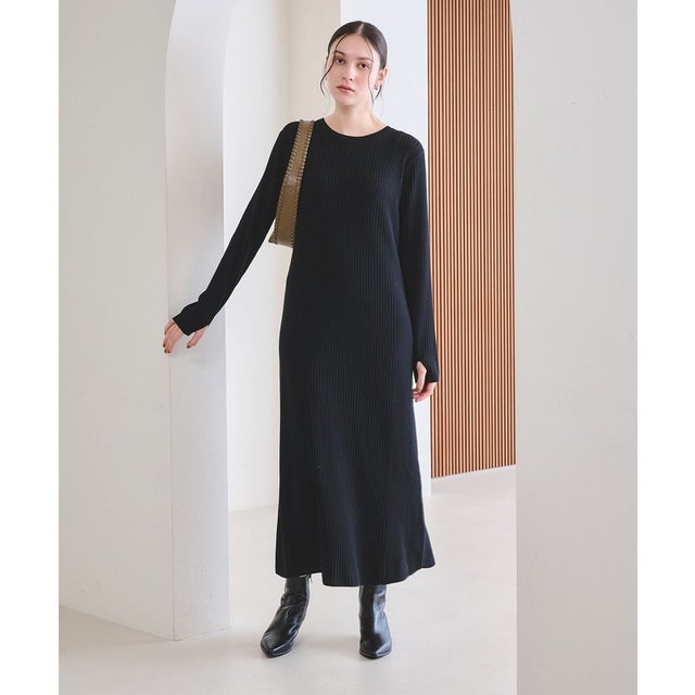 【WEB限定 Wardrobe DAILY MINIMAL】リブニット フレアワンピース （BLACK）