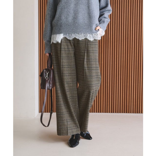 【WEB限定 Wardrobe DAILY MINIMAL】チェック バックゴム ワイドパンツ （DK.GRAY）