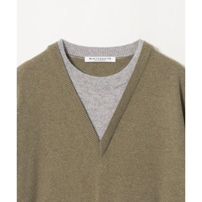 ウールカシミヤ ２トーン レイヤード ニットプルオーバー （OLIVE）｜詳細画像