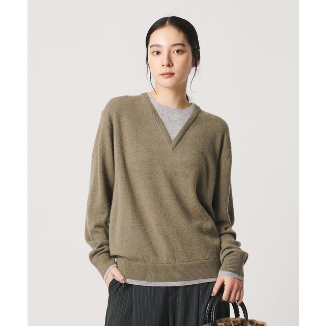 ウールカシミヤ ２トーン レイヤード ニットプルオーバー （OLIVE）