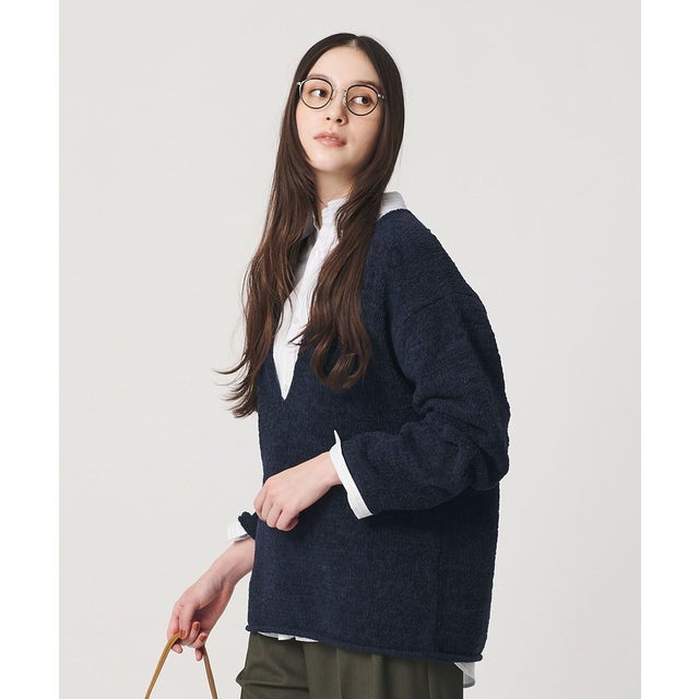 テープヤーン ディープVネック ニット （NAVY）