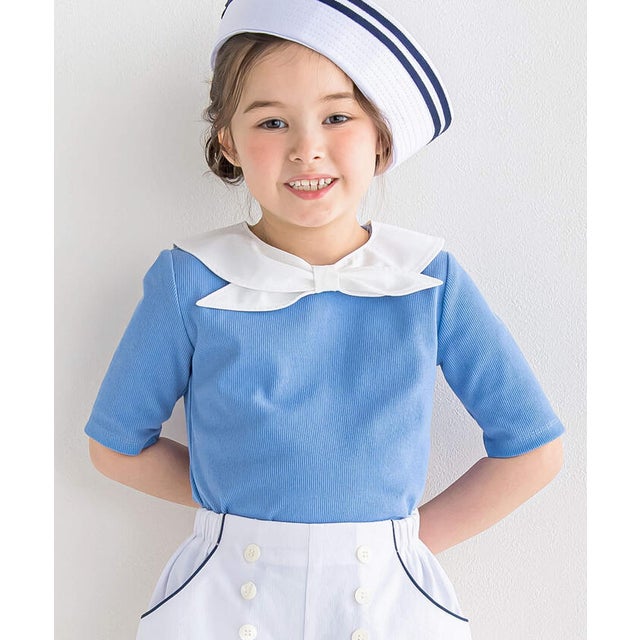セーラー付け襟テレコ半袖Tシャツ(90~160cm) （ブルー）