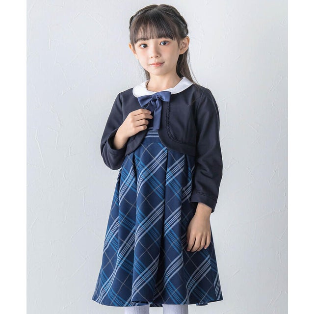 リボンタイ付きチェックワンピース+ボレロアンサンブル(110~130cm) （ネイビー系）
