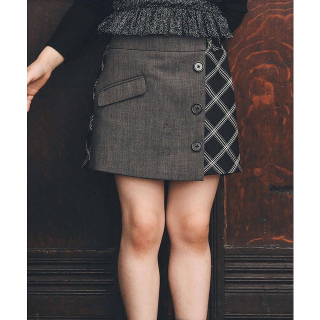 【お揃い】ウール調チェック切り替えラップショートパンツ(100~160cm) （グレー）