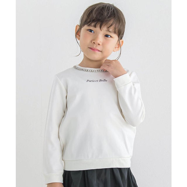ビジューネックロゴプリントポンチプルオーバー(100~160cm) （オフホワイト）