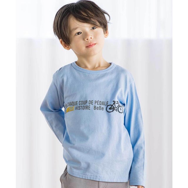 【抗菌防臭・UVカット】自転車プリントライン天竺長袖Tシャツ(90~130cm) （ブルー）