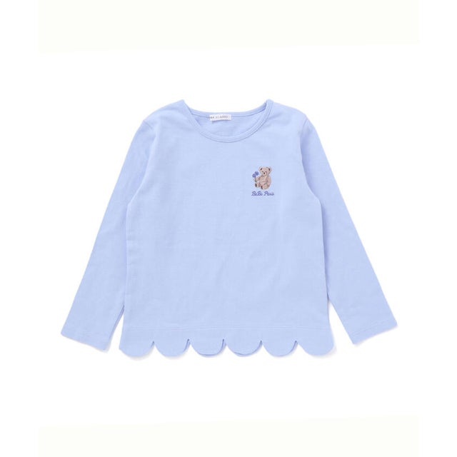 【抗菌防臭・UVカット】裾スカラップくま刺しゅう天竺長袖Tシャツ(90~130c （ブルー）