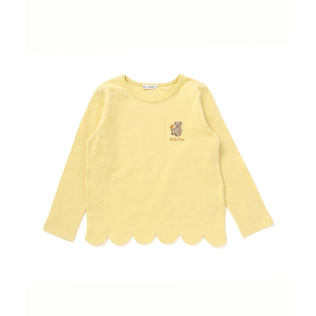 【抗菌防臭・UVカット】裾スカラップくま刺しゅう天竺長袖Tシャツ(90~130c （イエロー）