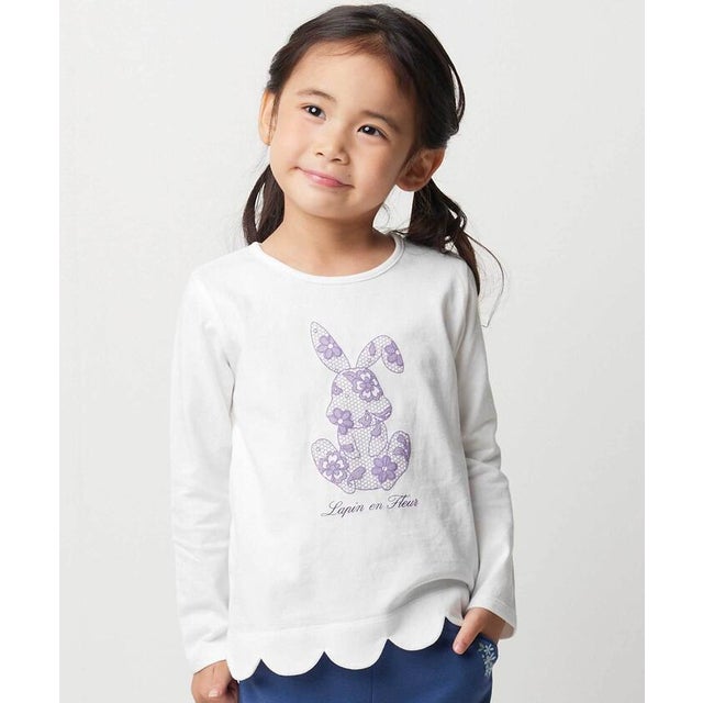 【抗菌・防臭】Rabbitレースプリント裾スカラップ天竺長袖Tシャツ(90~13 （オフホワイト）