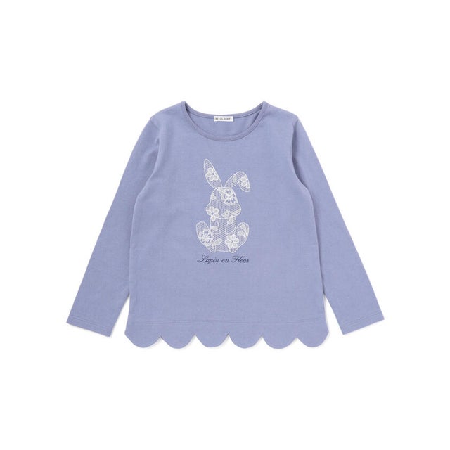 【抗菌・防臭】Rabbitレースプリント裾スカラップ天竺長袖Tシャツ(90~13 （ブルー）