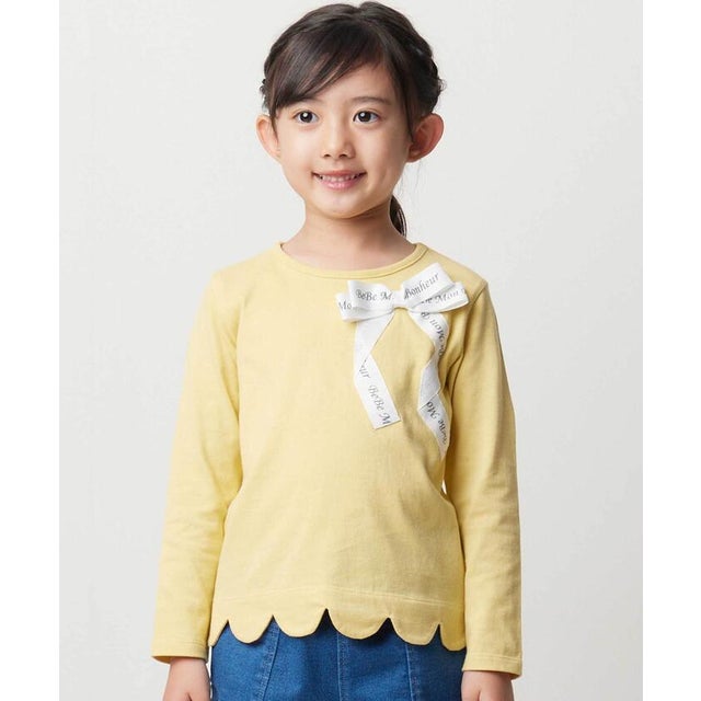 グログランBIGリボンモチーフ裾スカラップ長袖Tシャツ(90~160cm) （イエロー）