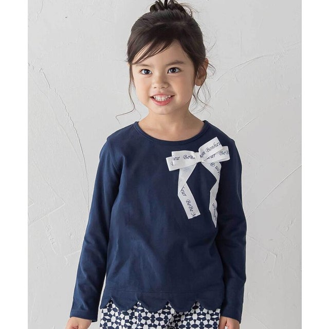 グログランBIGリボンモチーフ裾スカラップ長袖Tシャツ(90~160cm) （ネイビー）