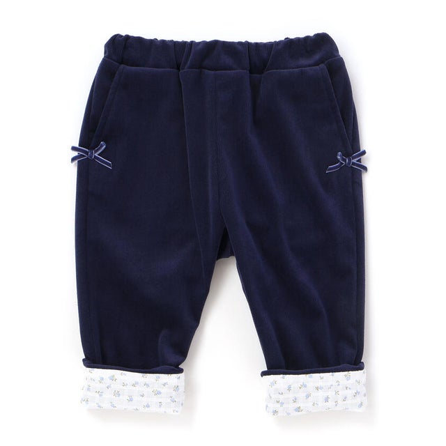ニットコール裾花柄ロングパンツ(80~90cm) （ブルー）