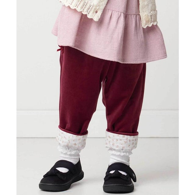 ニットコール裾花柄ロングパンツ(80~90cm) （ボルドー）