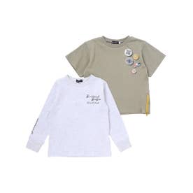 缶バッジ風立体プリント半袖Tシャツ+ロゴ長袖Tシャツ セット(90~160cm) （グリーン）
