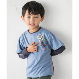 缶バッジ風立体プリント半袖Tシャツ+ロゴ長袖Tシャツ セット(90~160cm) （ブルー）
