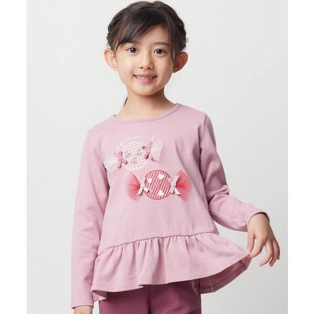 【抗菌・防臭】キャンディプリント裾フリル天竺長袖Tシャツ(90~130cm) （ピンク）