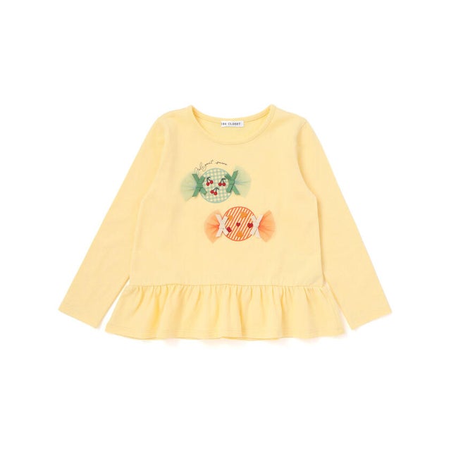 【抗菌・防臭】キャンディプリント裾フリル天竺長袖Tシャツ(90~130cm) （イエロー）